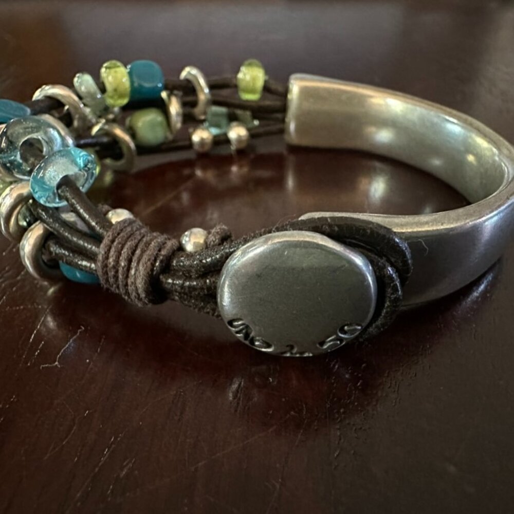 UNO de 50 leather and silver bracelet with aqua, sea green, and silver bead